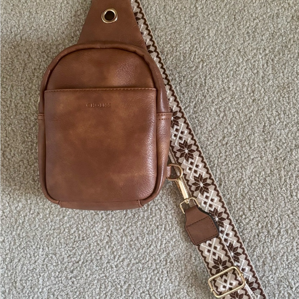 Brown Leather Crossbody Bag with Patterned Strap